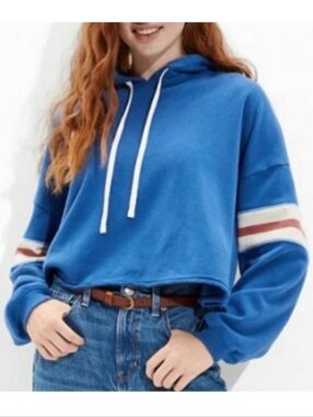American Eagle Outfitters Blue Hoodie with Striped Sleeves